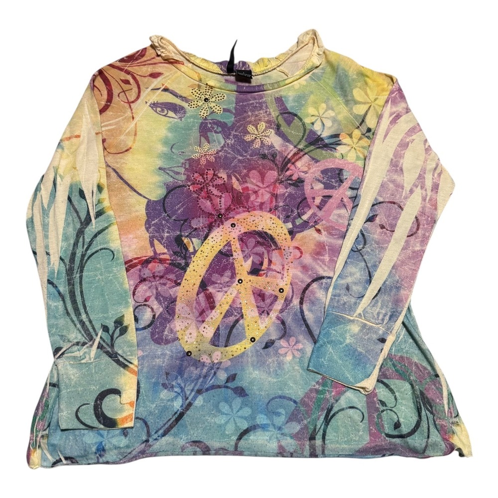 Vintage New‎ Directions Multicolor Peace Sign Hippie Long Sleeve Shirt Women's L